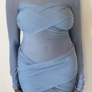 Fashion Nova Long Sleeve Dress in Dusty Blue